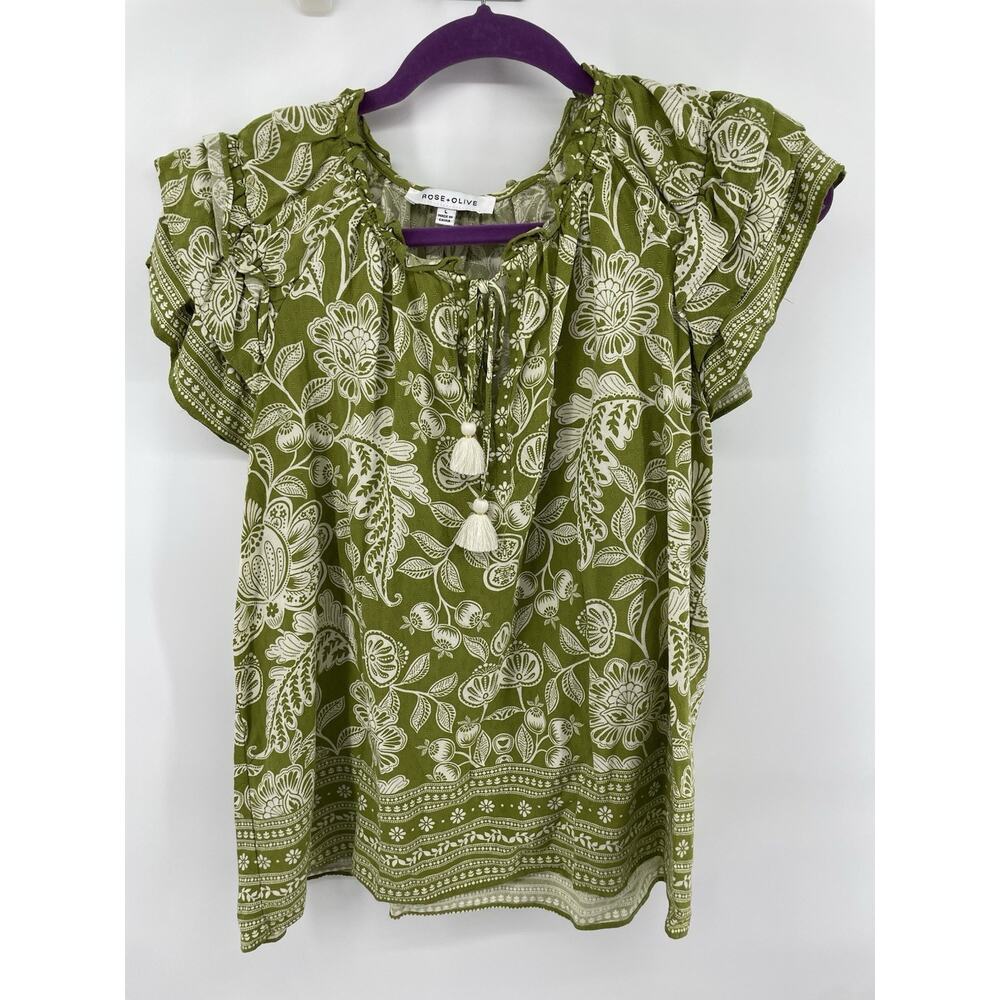 Rose + Olive Shirt Womens L White Green Blouse Floral Tassels Flutter Sleeve Top - Picture 4 of 6